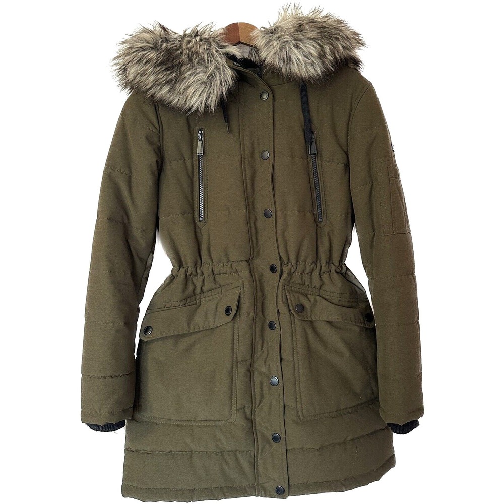 BCBGeneration Jacket Women Size M Removable Faux Fur Hooded Adjustable Waistband
